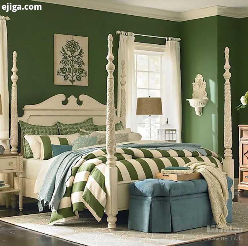 ترکیب رنگی سبز و کرم در اتاق خواب
